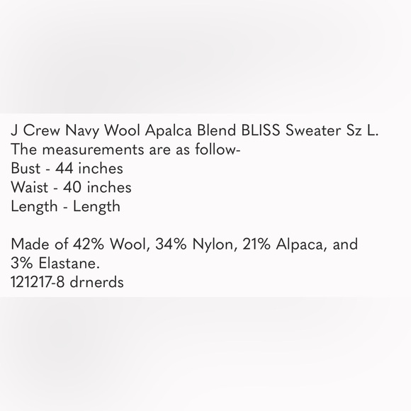 J Crew Navy Wool Apalca Blend BLISS Sweater Sz L - Picture 7 of 7